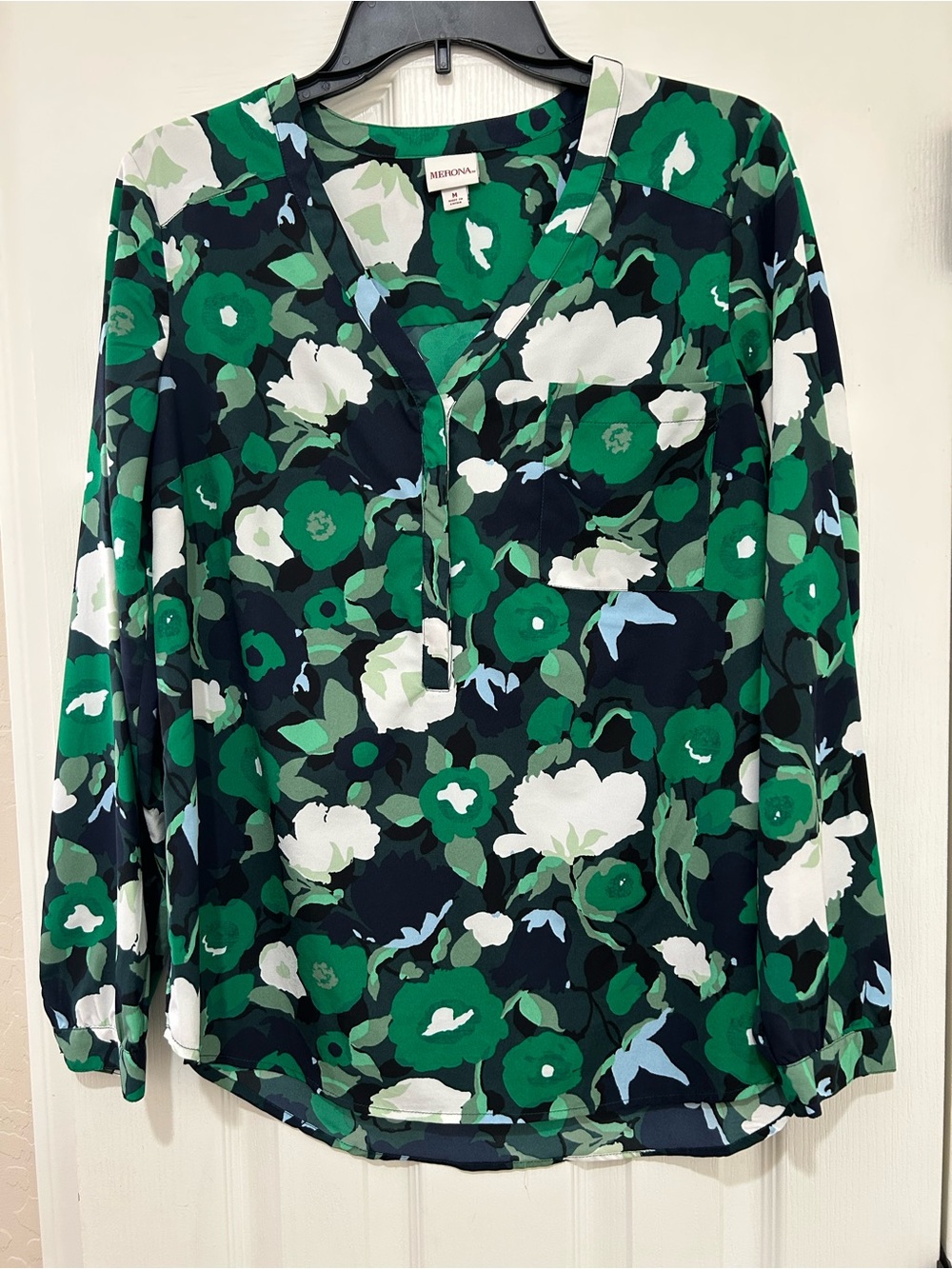 Merona Green Navy Floral Split-Neck Blouse